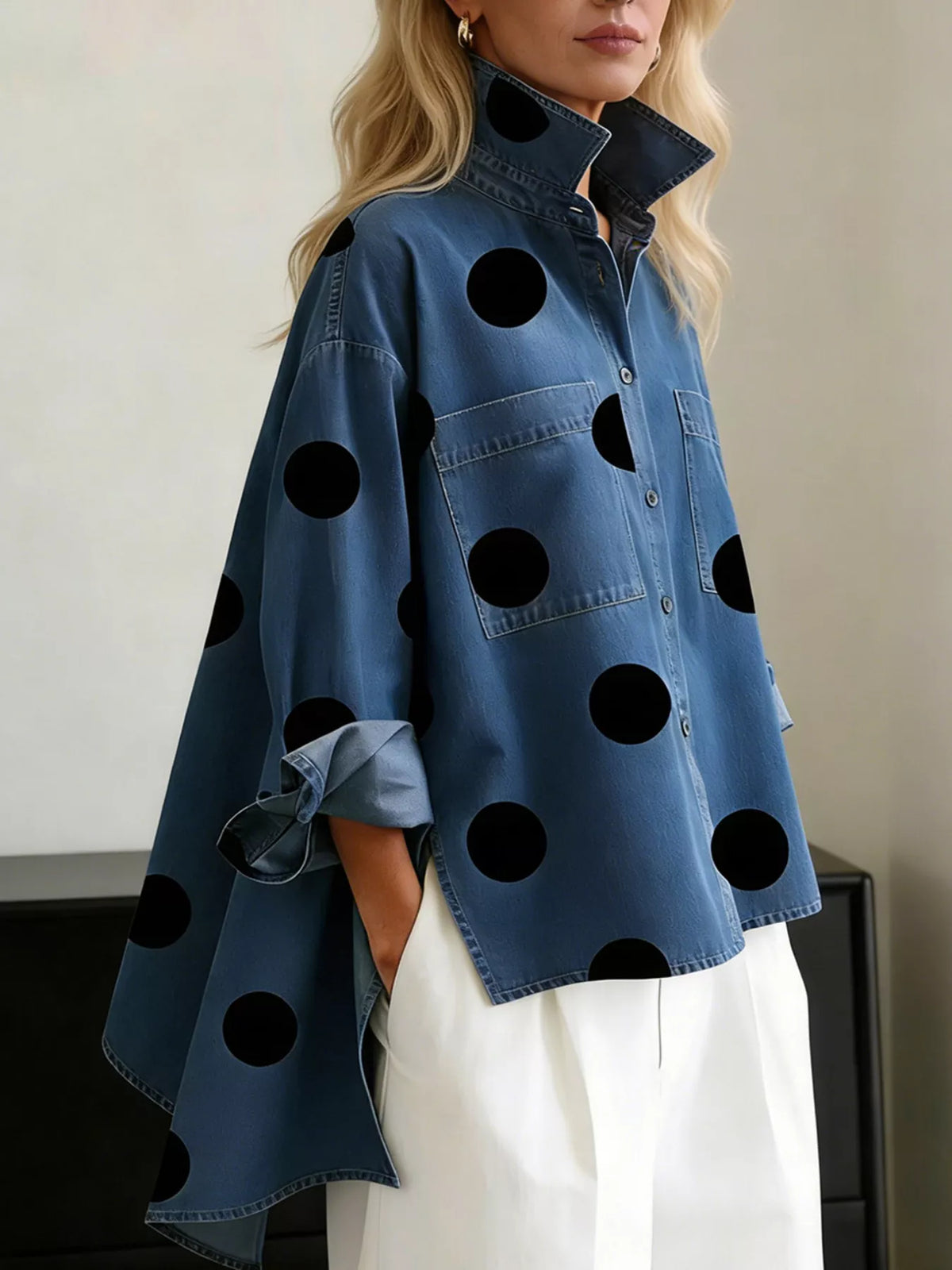 Full Size Polka Dot Oversized Denim Look Shirt Plus Size - Navy - View 2