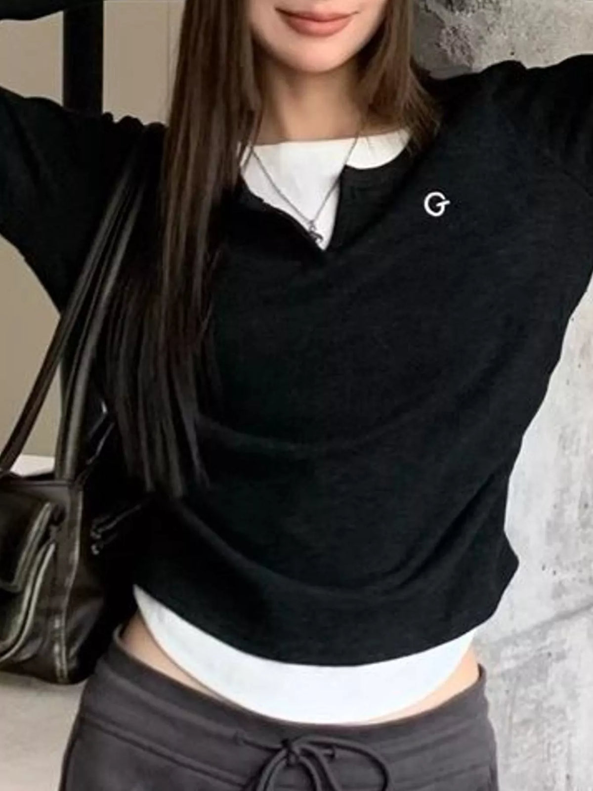Layered Look Long Sleeve T-Shirt - Black - View 6