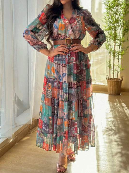 Printed Surplice Long Sleeve Maxi Dress - Multicolor - View 2