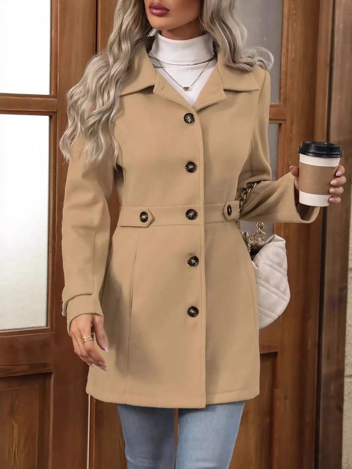Single-Breasted Long Sleeve Coat - Khaki - View 3