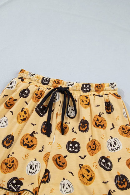Halloween Pumpkin Print Long Sleeve Two Piece Lounge Set - Gold - View 12