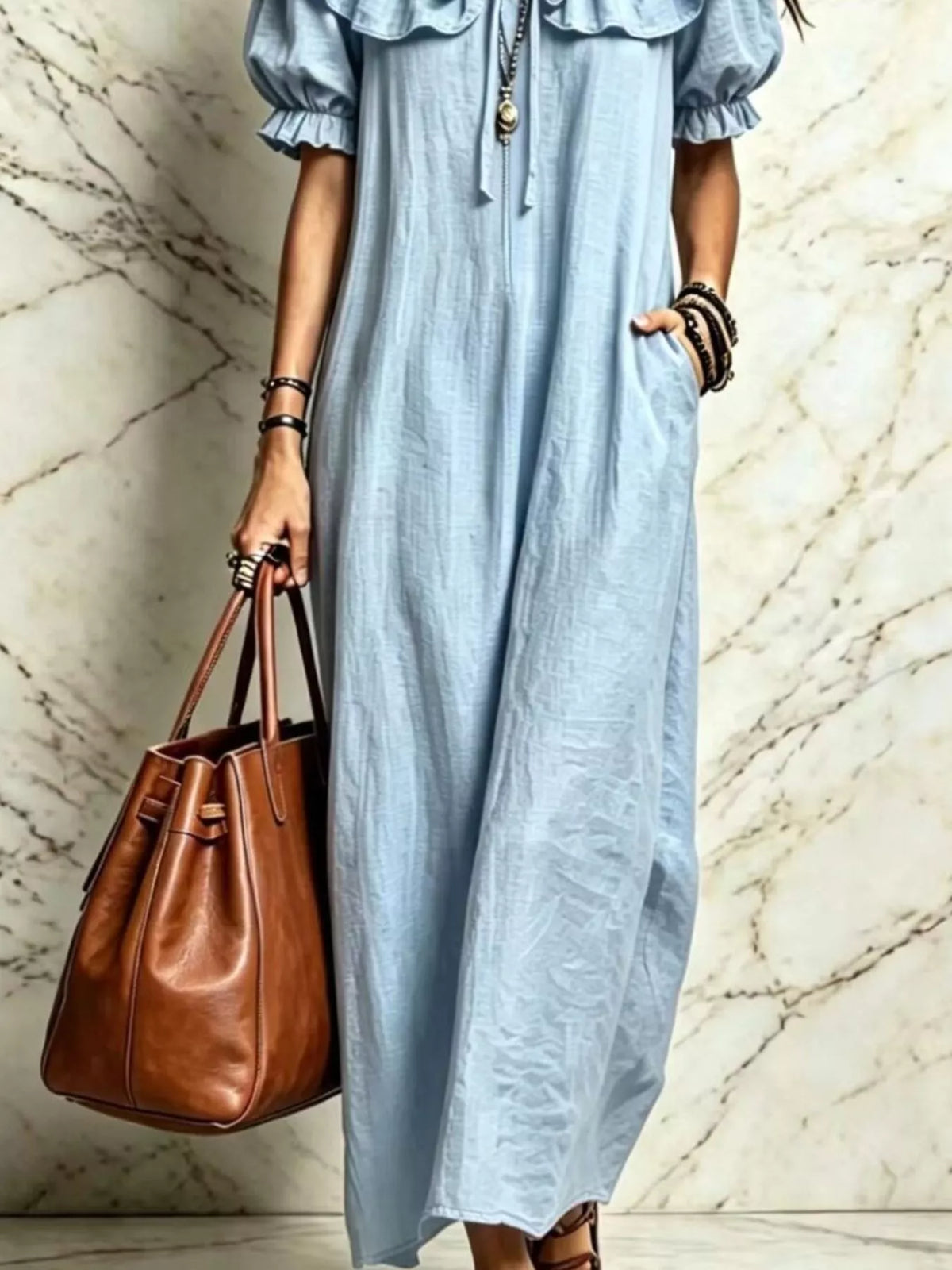 Ruffle Trim Puff Sleeve Maxi Dress - Light Blue - View 3