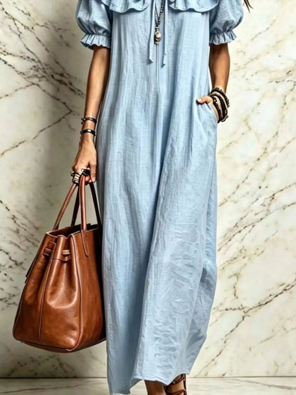 Ruffle Trim Puff Sleeve Maxi Dress - Light Blue - View 3