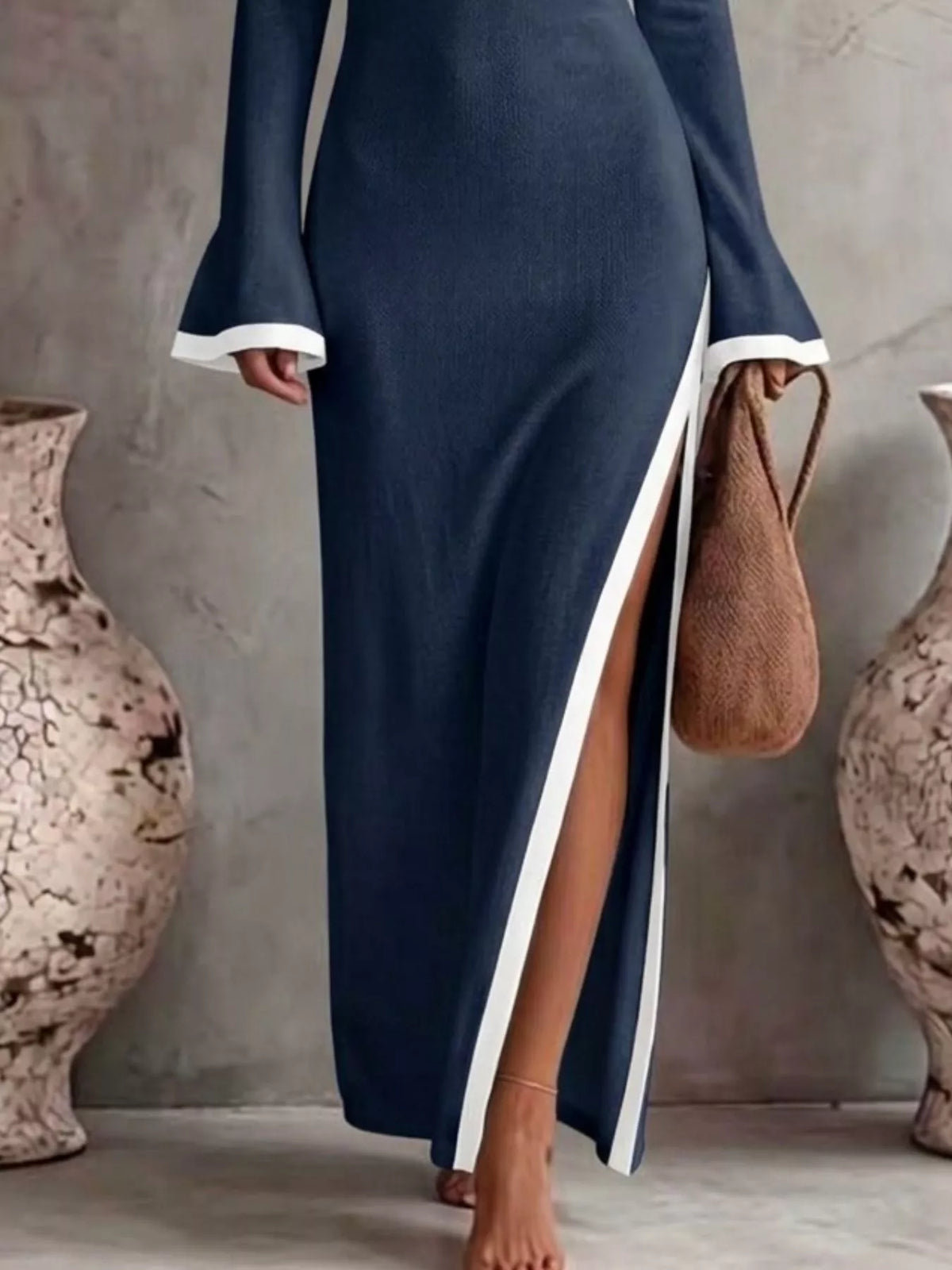 Slit One-Shoulder Contrast Trim Maxi Dress - Dark Blue - View 2