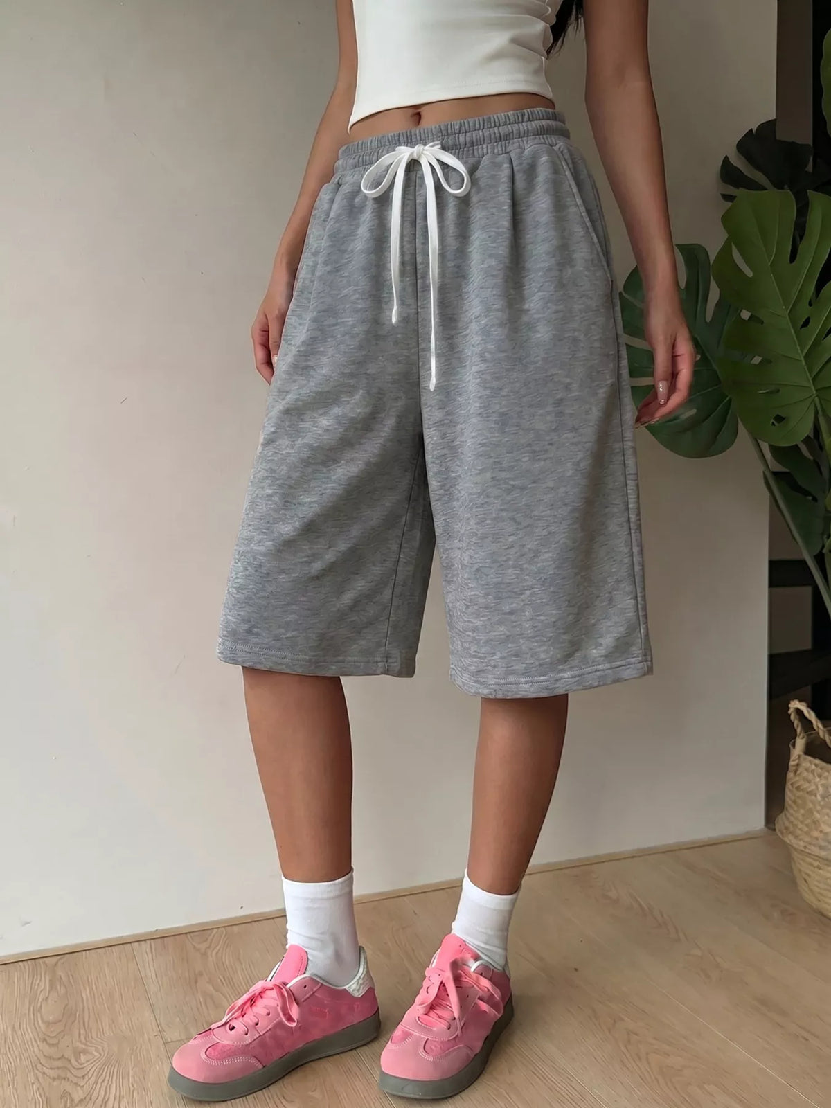 High-Waisted Drawstring Casual Shorts - Gray - View 4