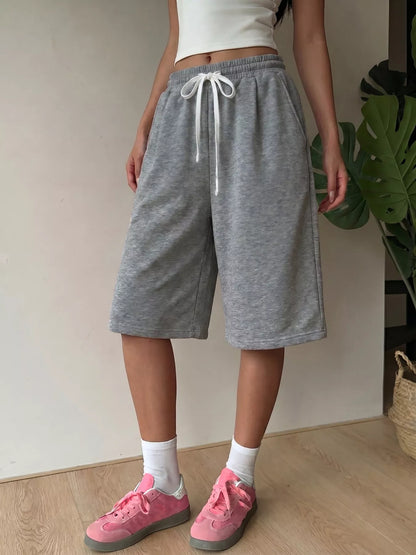 High-Waisted Drawstring Casual Shorts - Gray - View 4