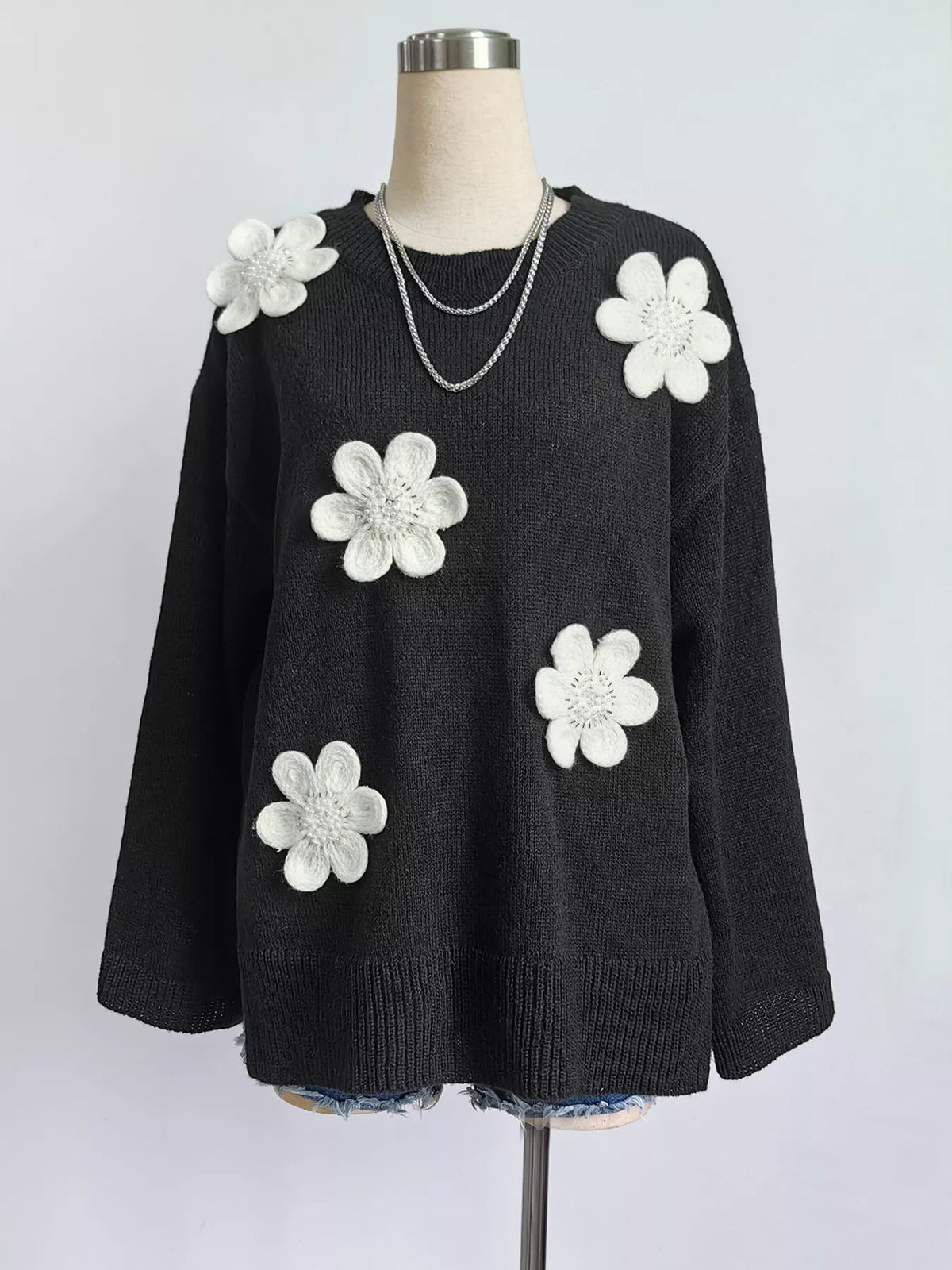Floral Applique Crew Neck Sweater - Black - View 5