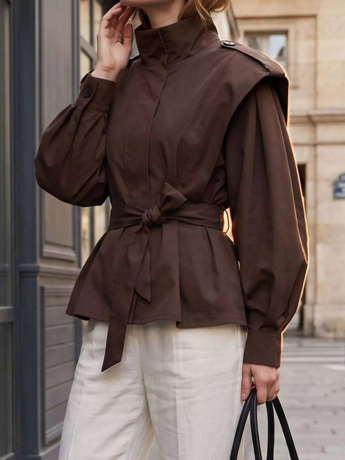 Stand-Collar Belted Outerwear - Brown - View 3