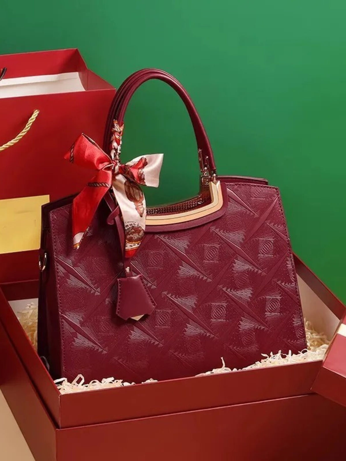 Embossed Leather Top Handle Handbag - Wine Red - View 3
