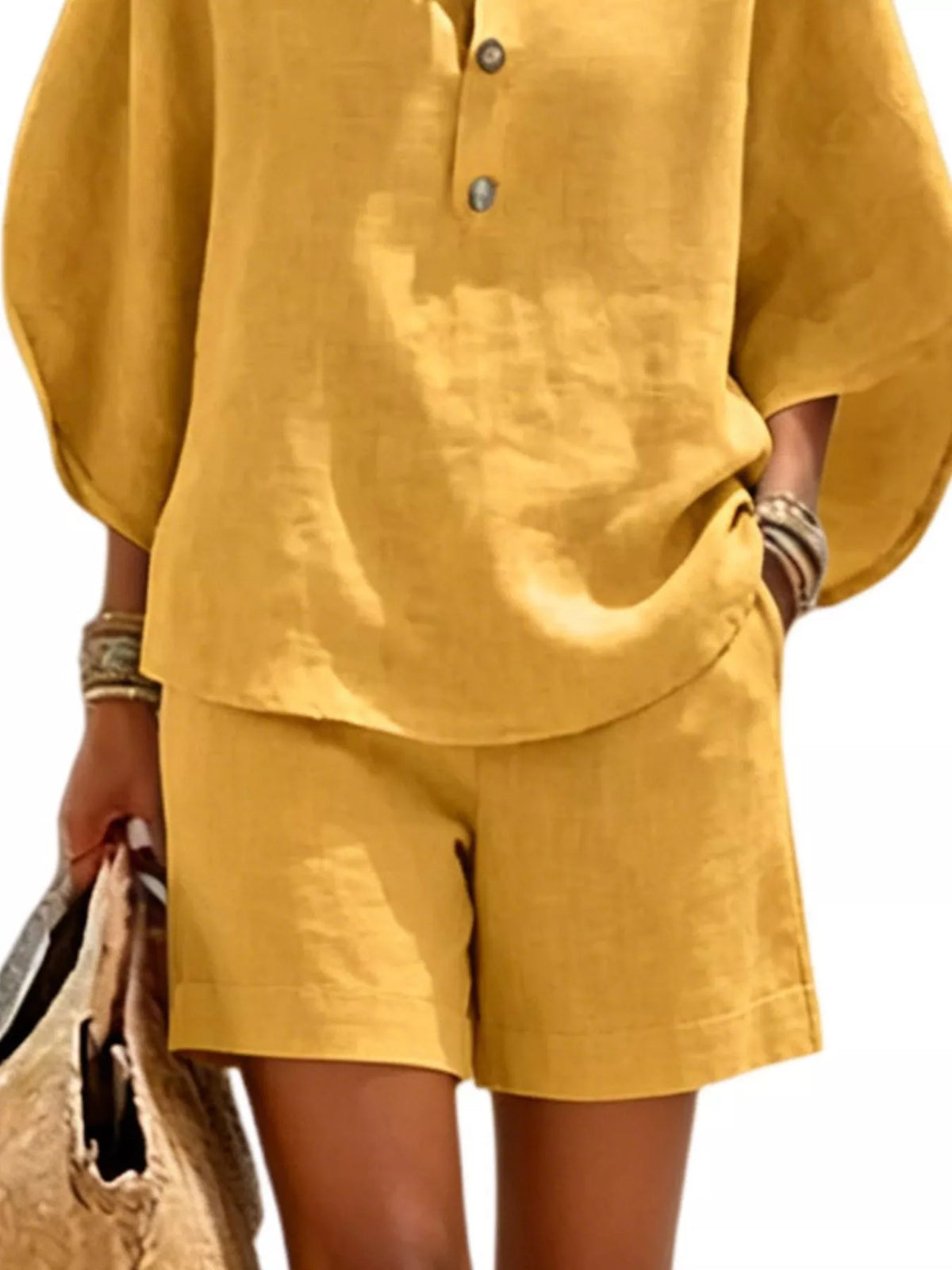 Full Size Button Detail Loose Fit Top and Shorts Set Plus Size - Yellow - View 3