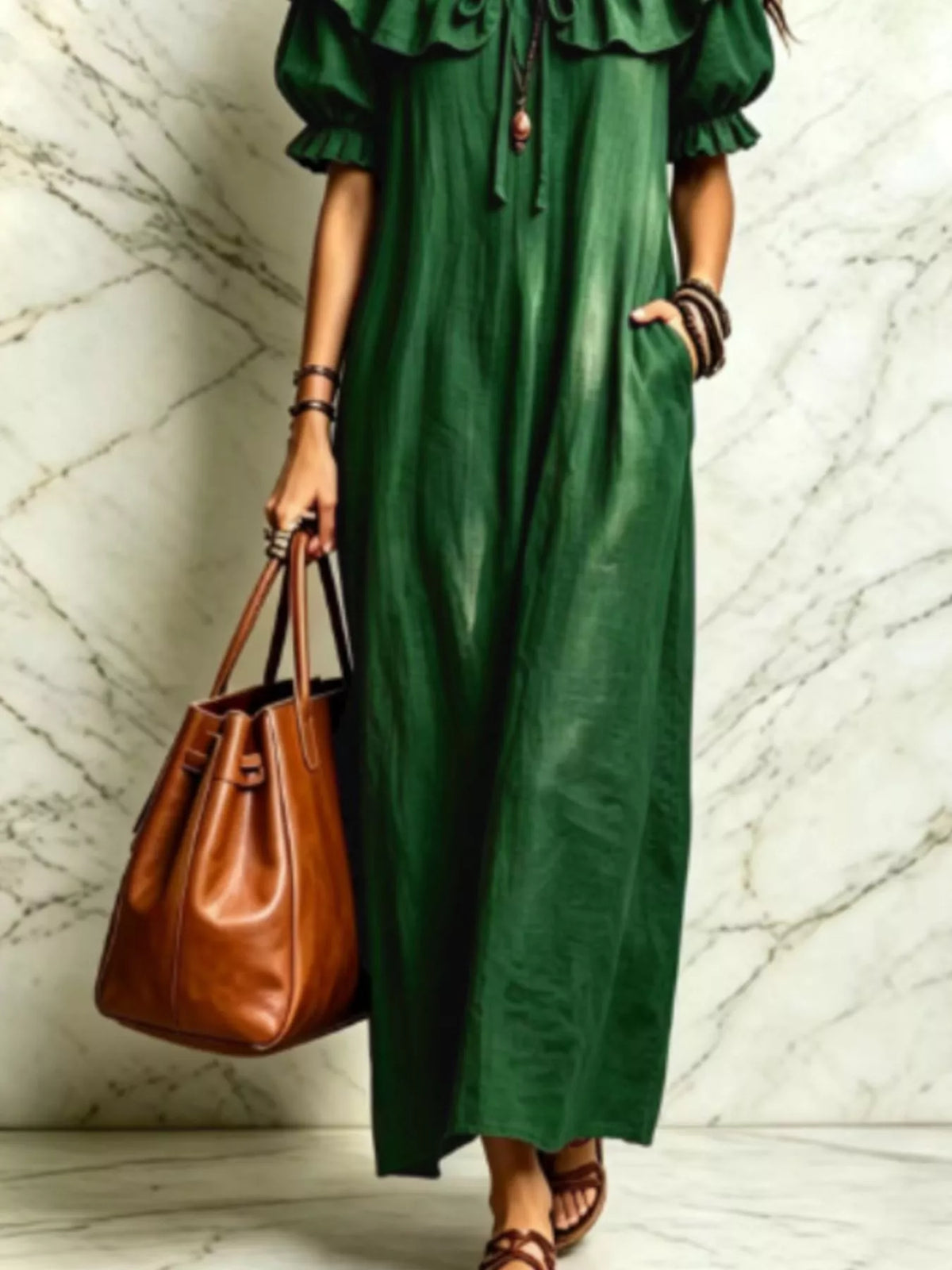 Ruffle Trim Puff Sleeve Maxi Dress - Dark Green - View 3