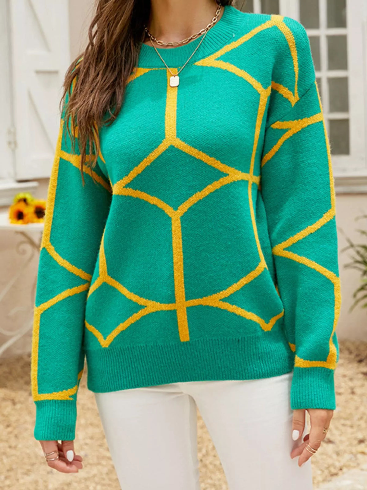 Geometric Pattern Crew Neck Sweater - Green - View 4