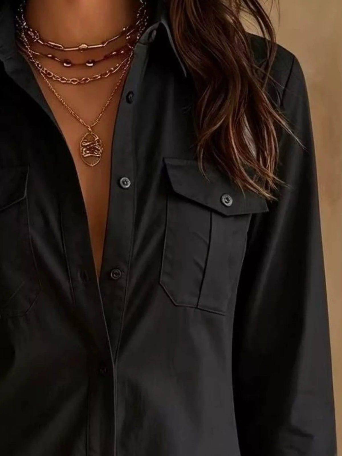Button-Down Shirt Dress with Lace Trim - Black - View 2