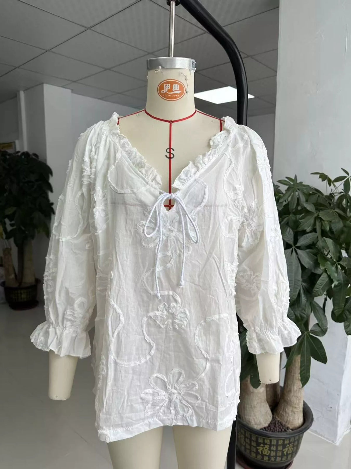 Floral Tie Neck 3/4 Sleeve Blouse - White - View 3