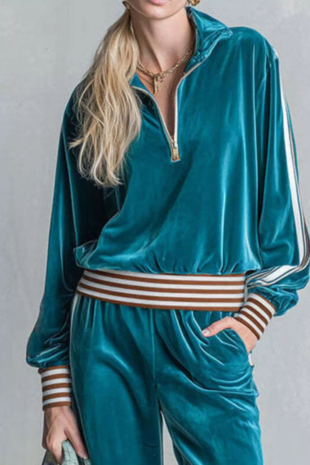Striped Half Zip Top and Pants Set - French Blue - View 2