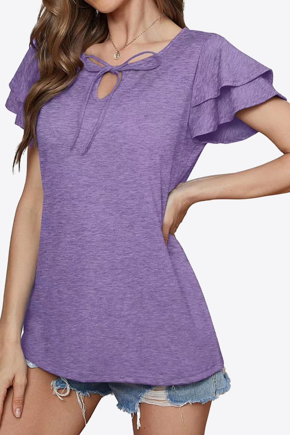 Tie-Neck Layered Flutter Sleeve Blouse - Dusty Purple - View 20