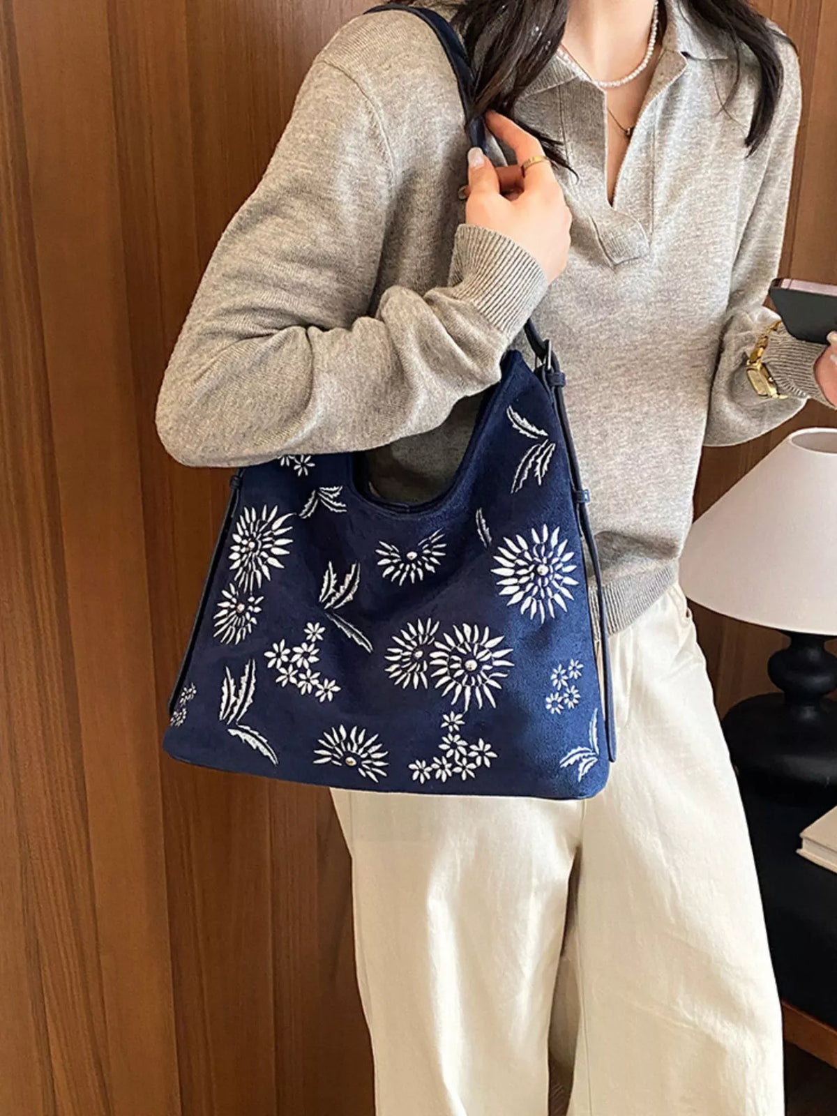 Lightweight Floral Shoulder Bag - Blue - View 2
