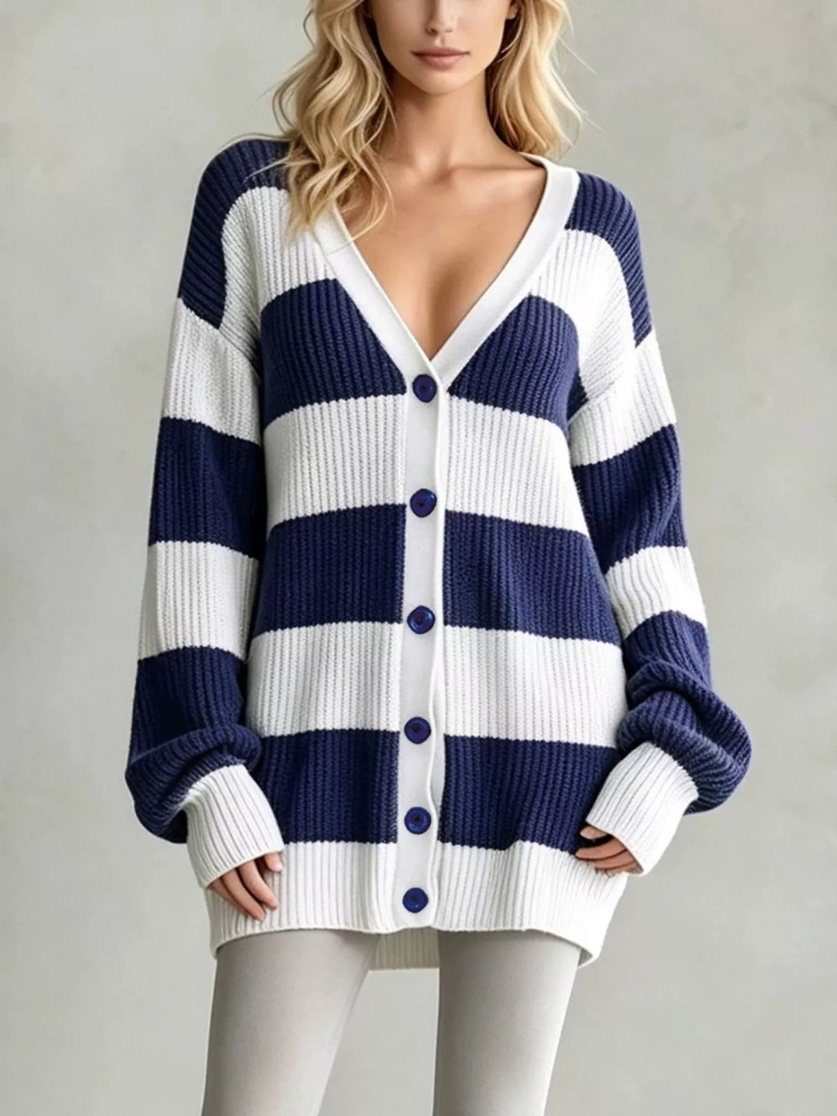 Striped V-Neck Button-Down Cardigan - Navy - View 10