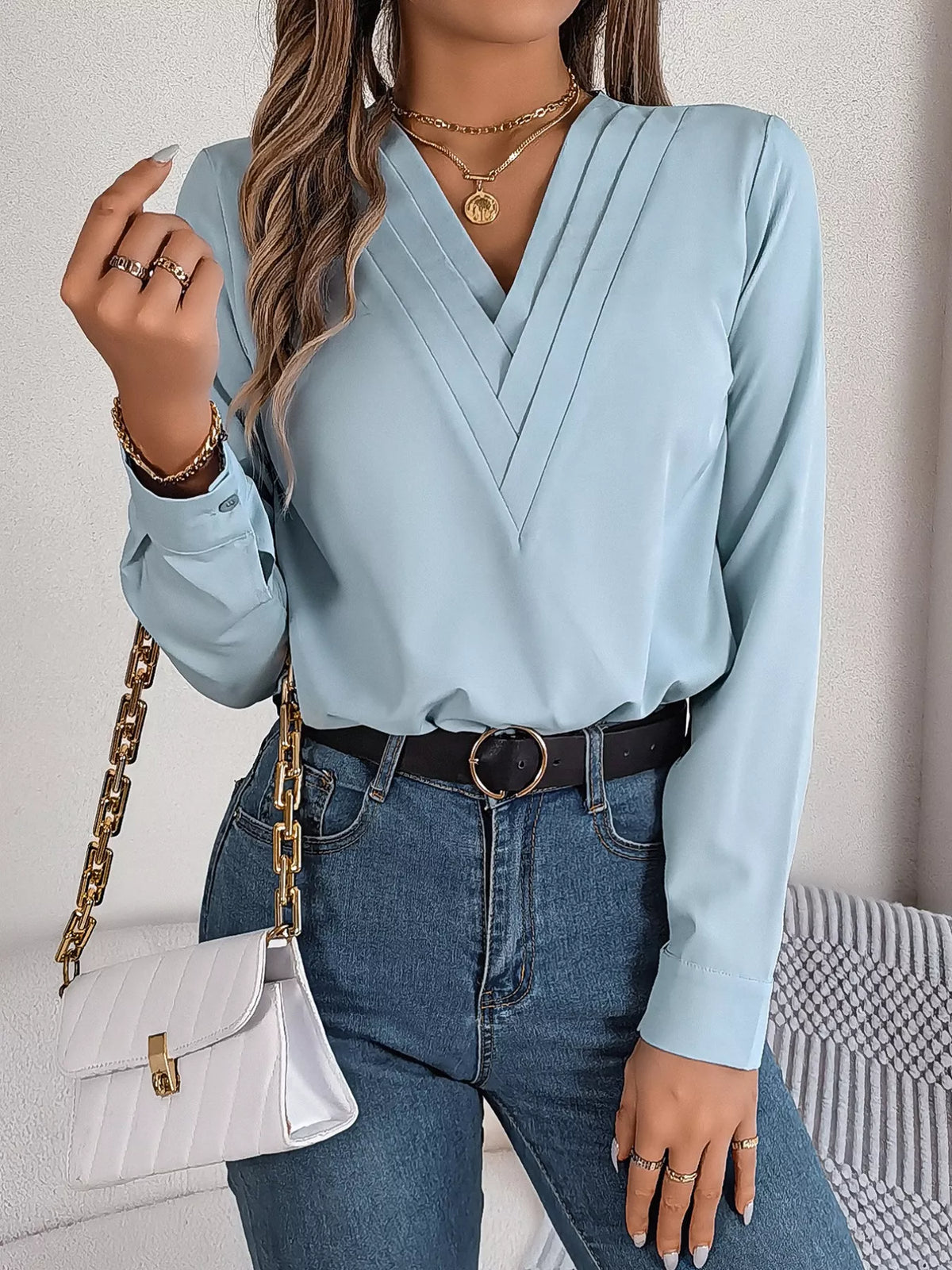 Layered V-Neck Long Sleeve Blouse - Light Blue - View 3