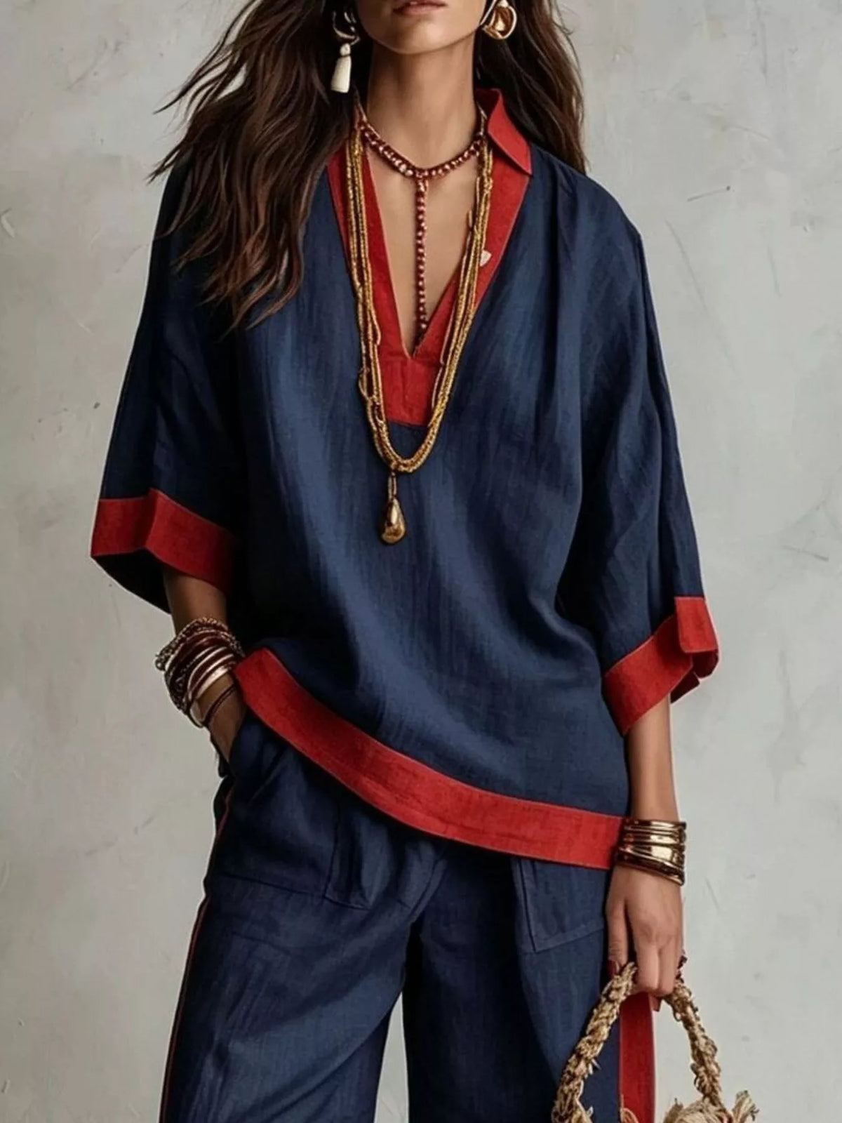 Full Size Contrast Trim Top and Wide Leg Pants Set Plus Size - Navy - View 2