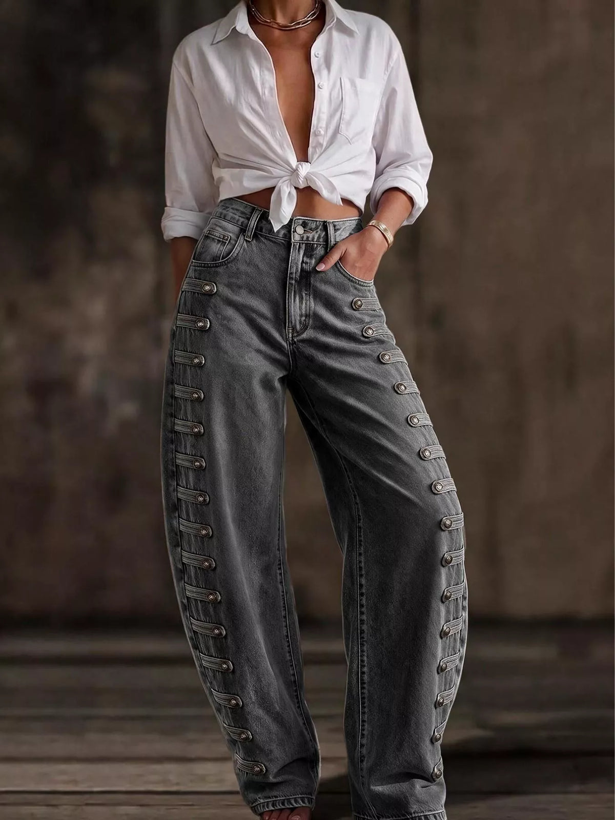 Decorative Button Wide Leg Jeans - Dark Gray - View 29