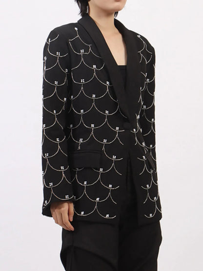 Pearl Detail Long Sleeve Blazer - Black - View 3