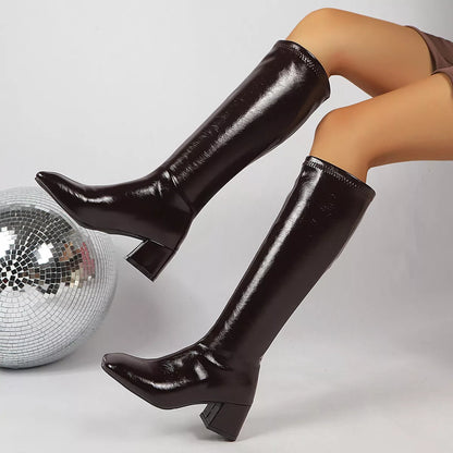 Square Toe Block Heels Boots - Black - View 2