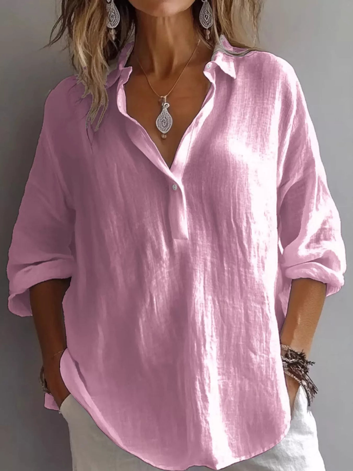 Collared Neck Long Sleeve Blouse - Pink - View 2