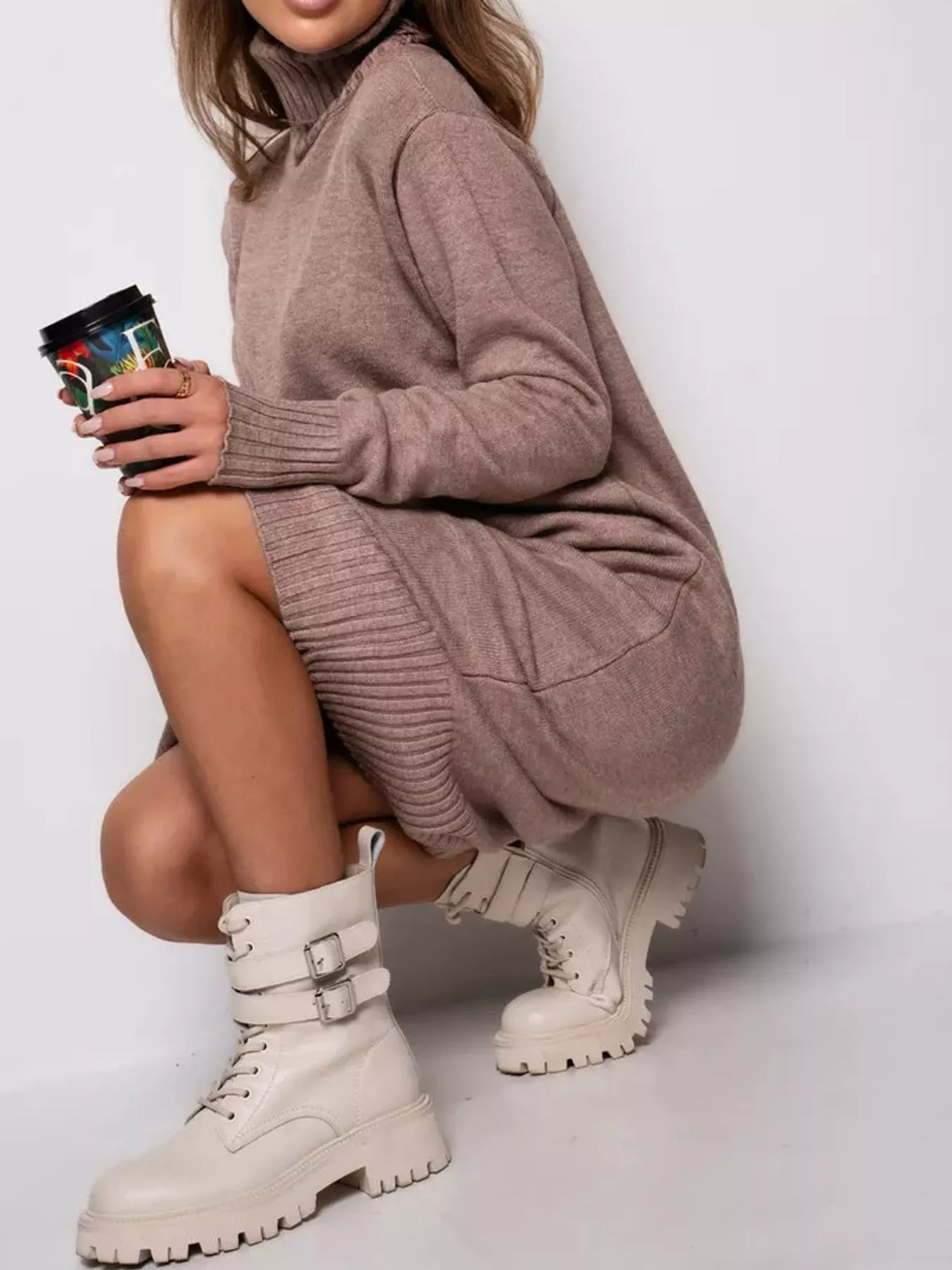 Turtleneck Ribbed Knit Sweater Dress - Camel - View 19