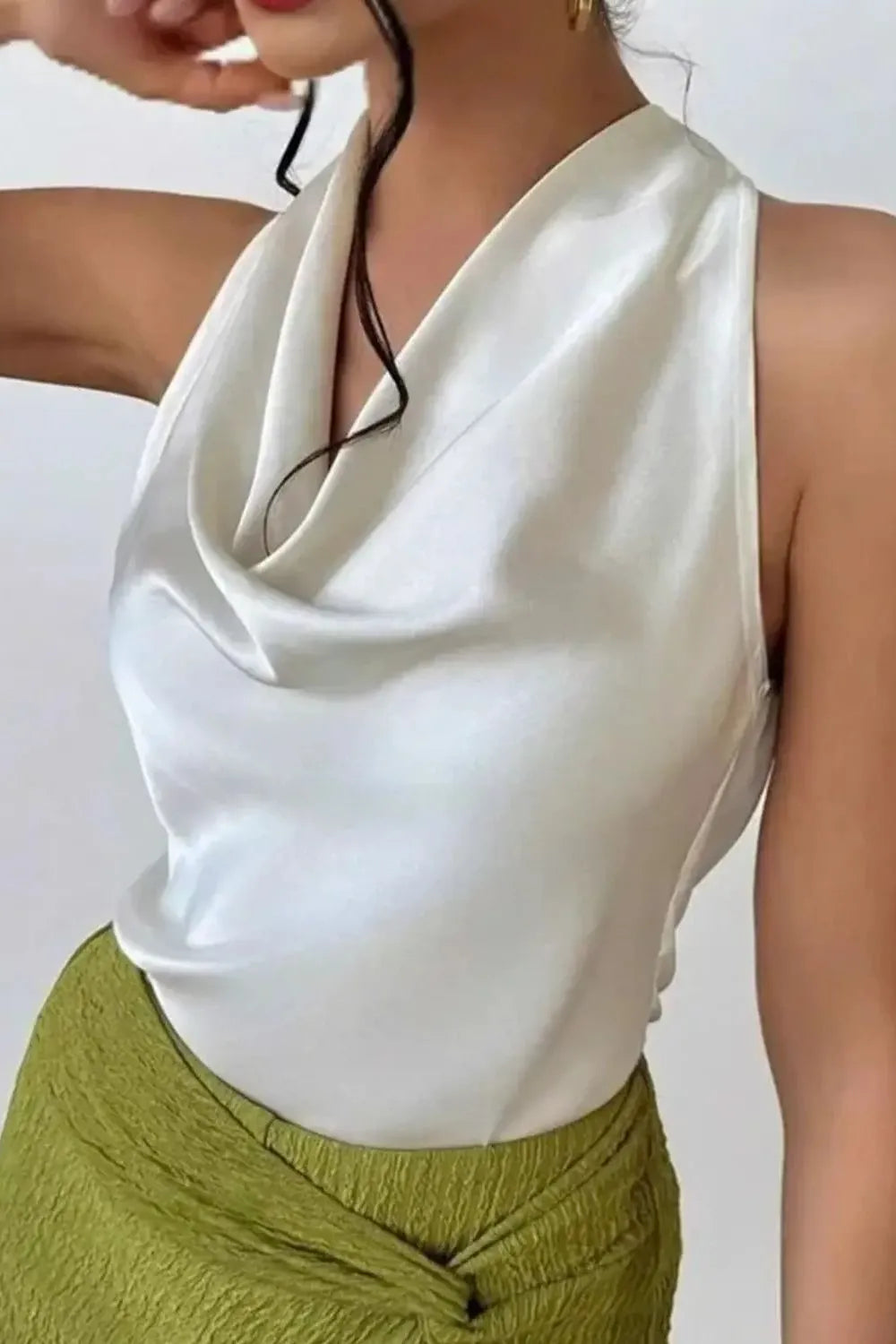 Satin Cowl Neck Sleeveless Blouse - White - View 3