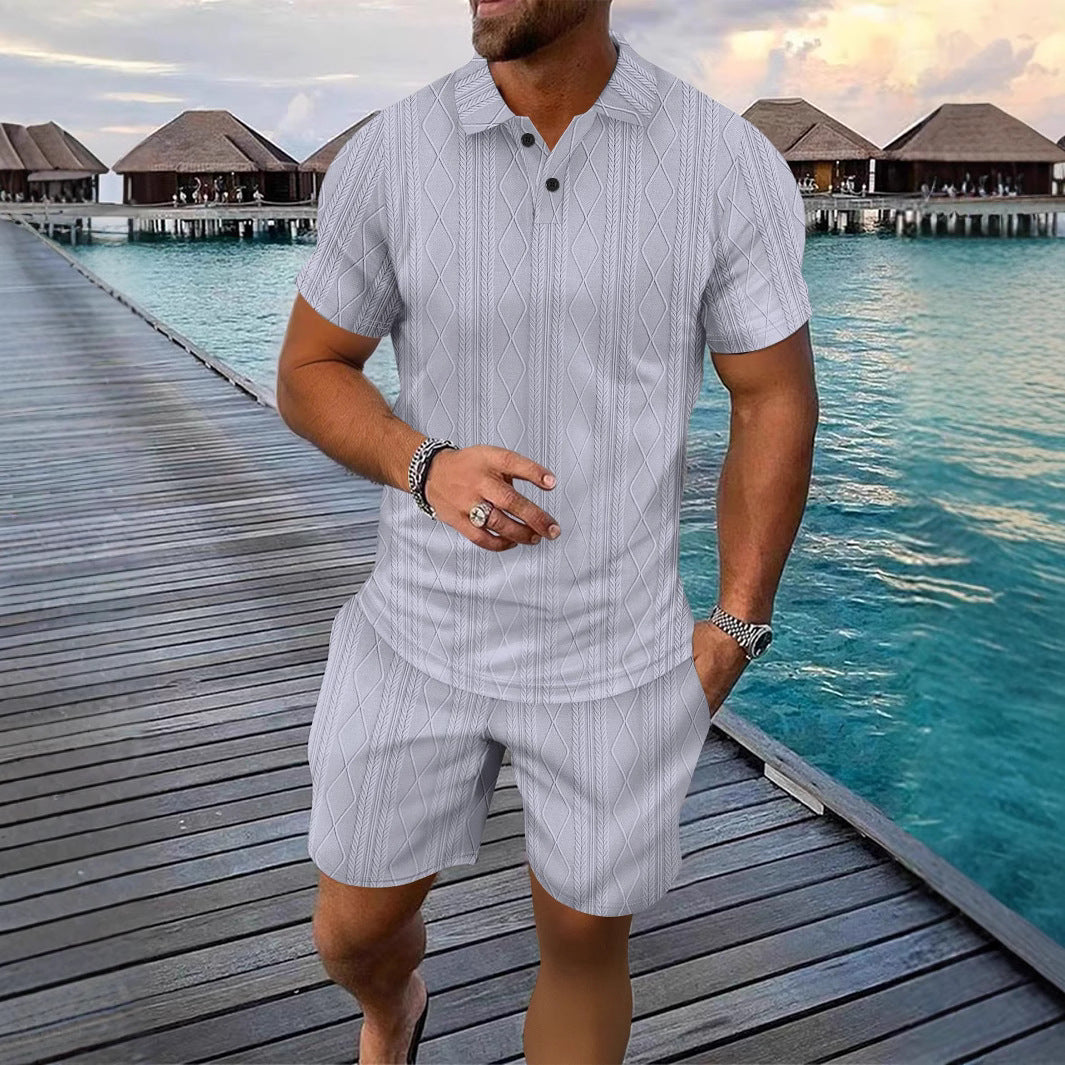 Collar men's short sleeved polo shirt jacquard casual versatile short sleeved shorts set