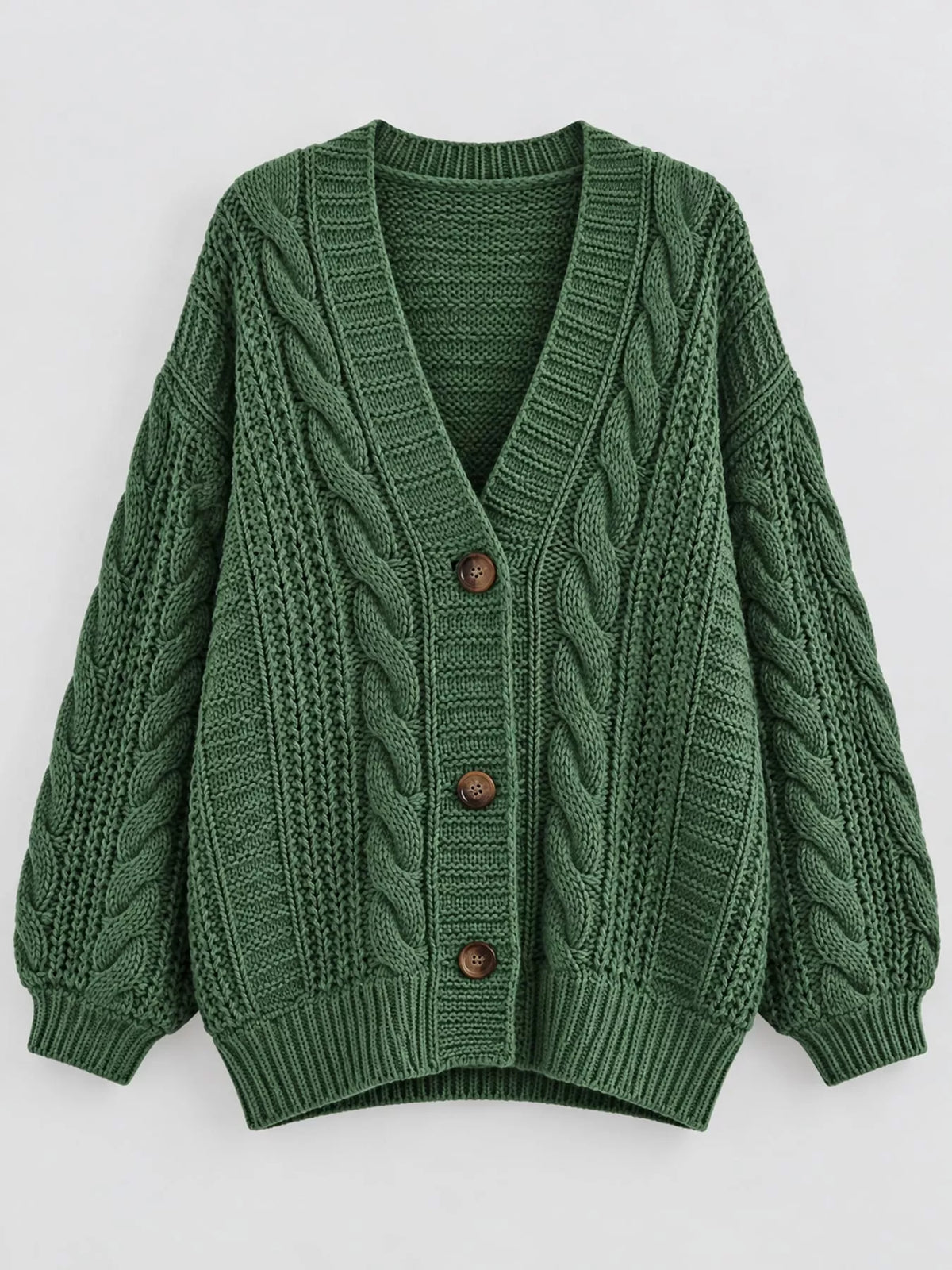Cable Knit Button-Down Cardigan - Green - View 9