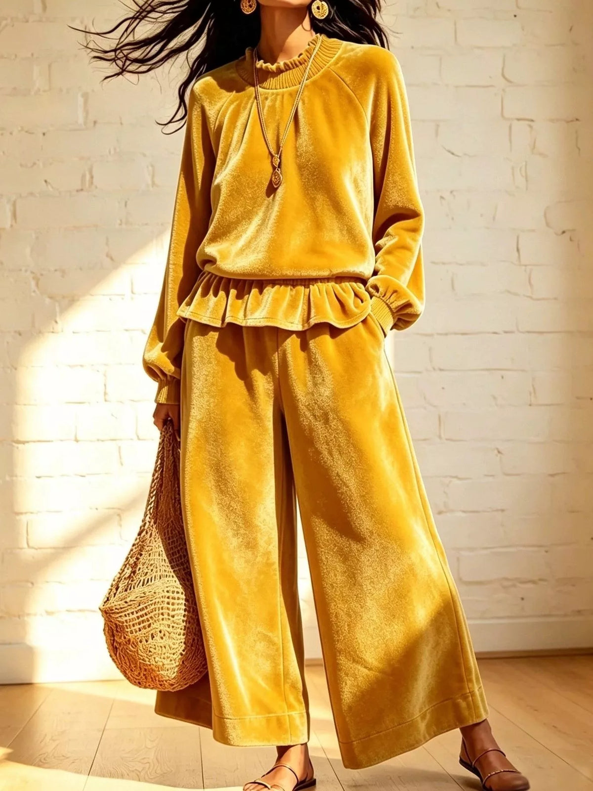 Velvet Peplum Top and Wide-Leg Pants Set - Gold - View 1