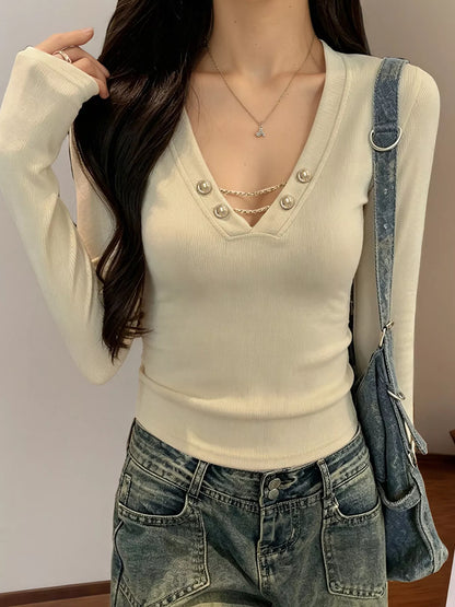 Decorative Pearl Buttons V-Neck Long Sleeve T-Shirt - Khaki - View 1