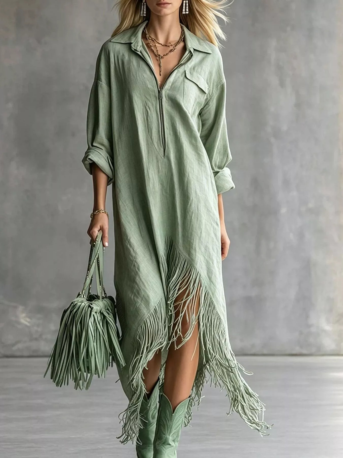 Zipper-Front Fringe Hem Midi Dress - Sage - View 1