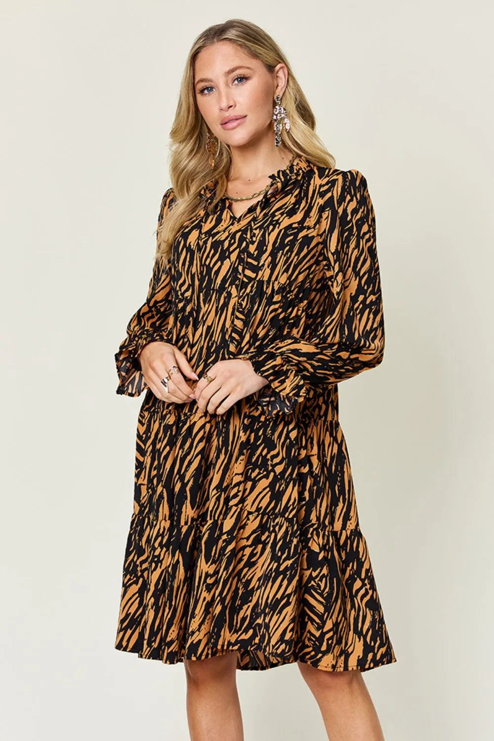 Double Take Full Size Printed Ruffle Hem Long Sleeve Dress Plus Size - Caramel - View 3