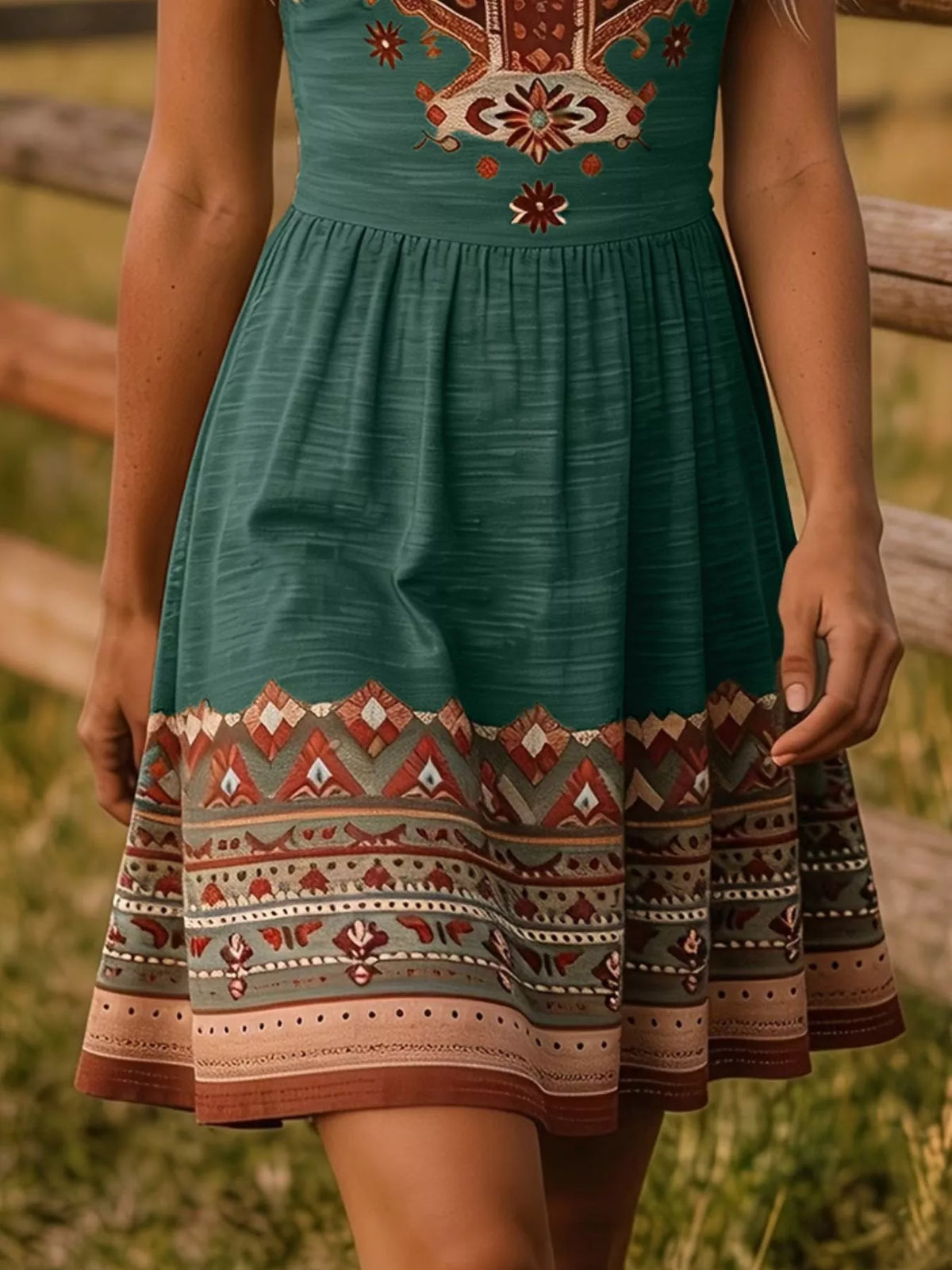 Tribal Print Sleeveless A-Line Summer Dress - Green - View 21