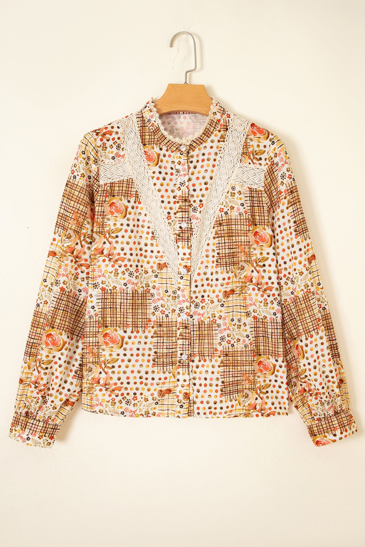 Brown Floral Lace Trim Button Down Long Sleeve Shirt - Brown - 6