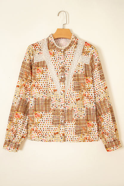 Brown Floral Lace Trim Button Down Long Sleeve Shirt - Brown - 6