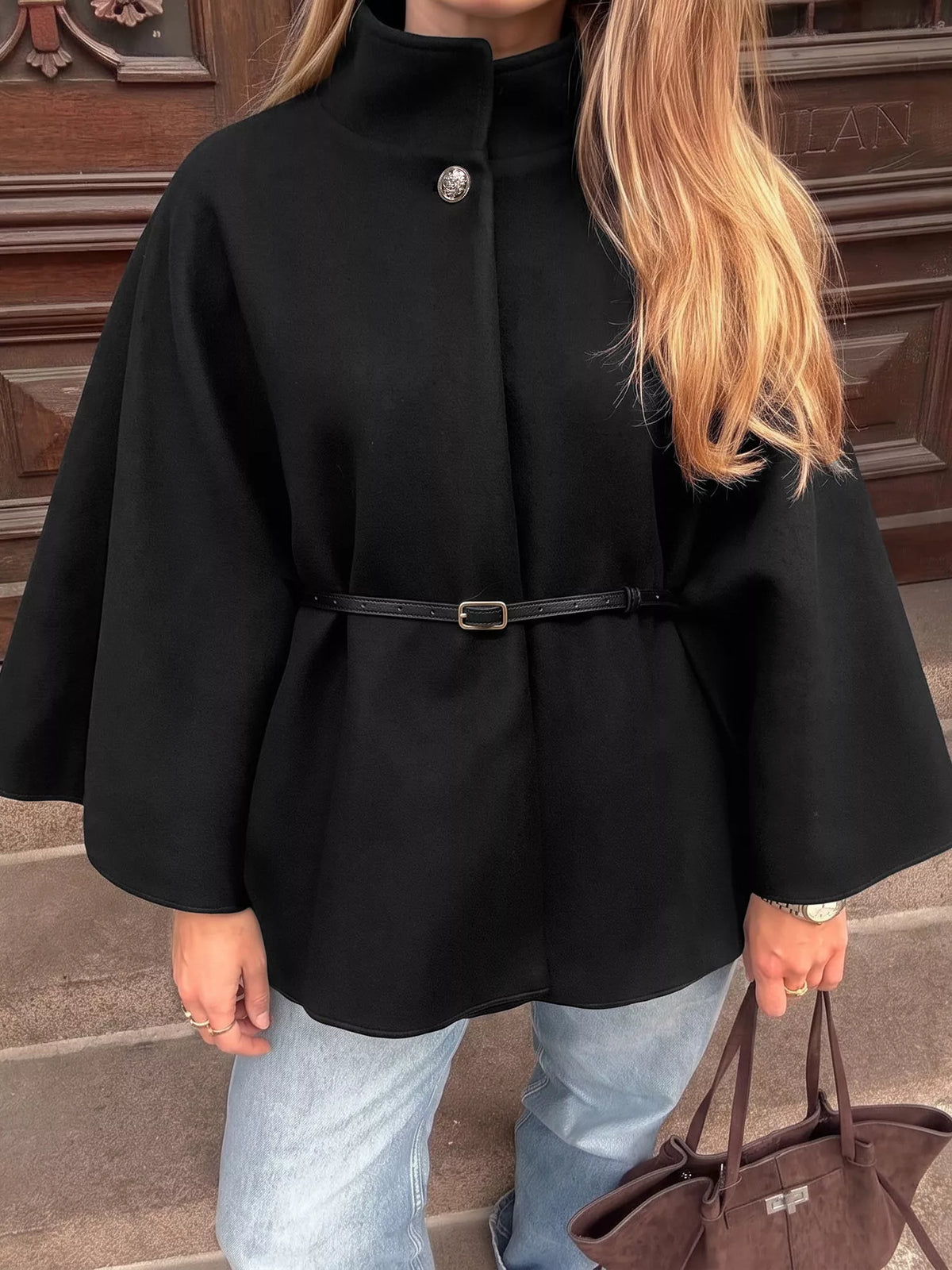 Stand Neck Cape Coat - Black - View 4