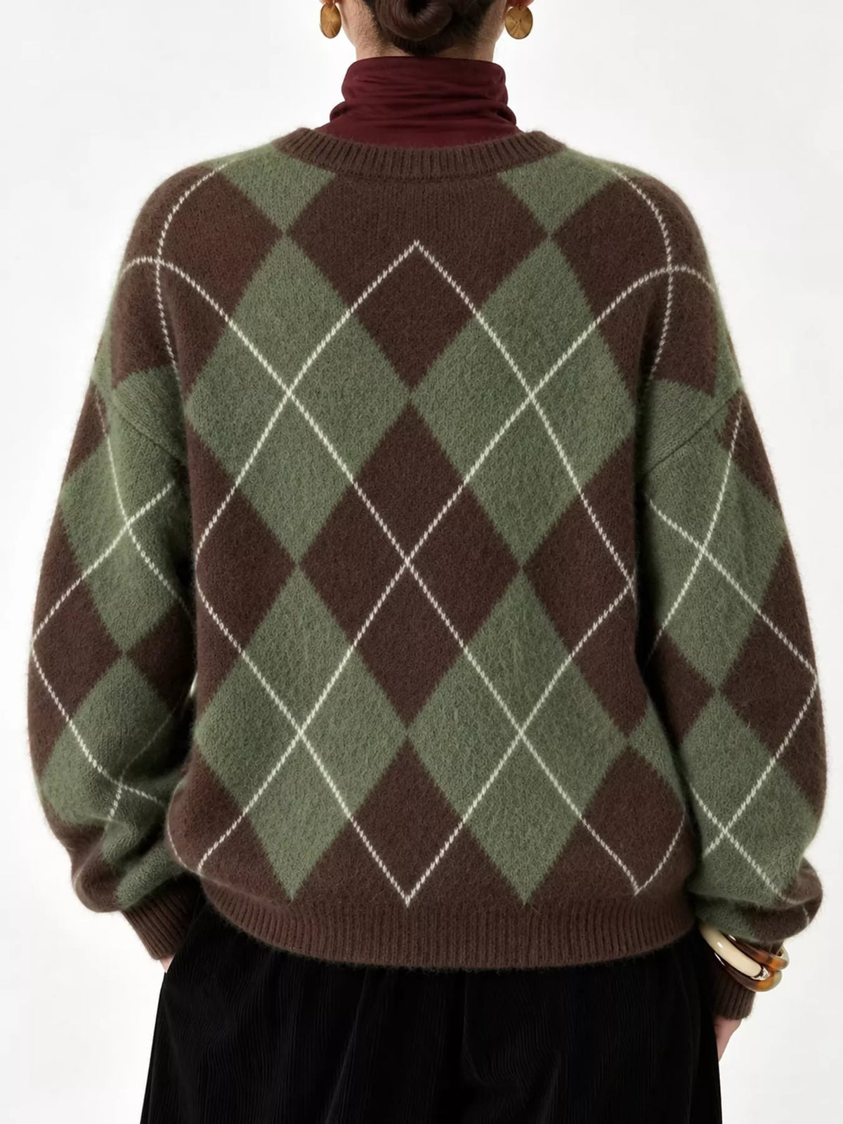 Argyle Pattern Fuzzy Knit Sweater - Green - View 24