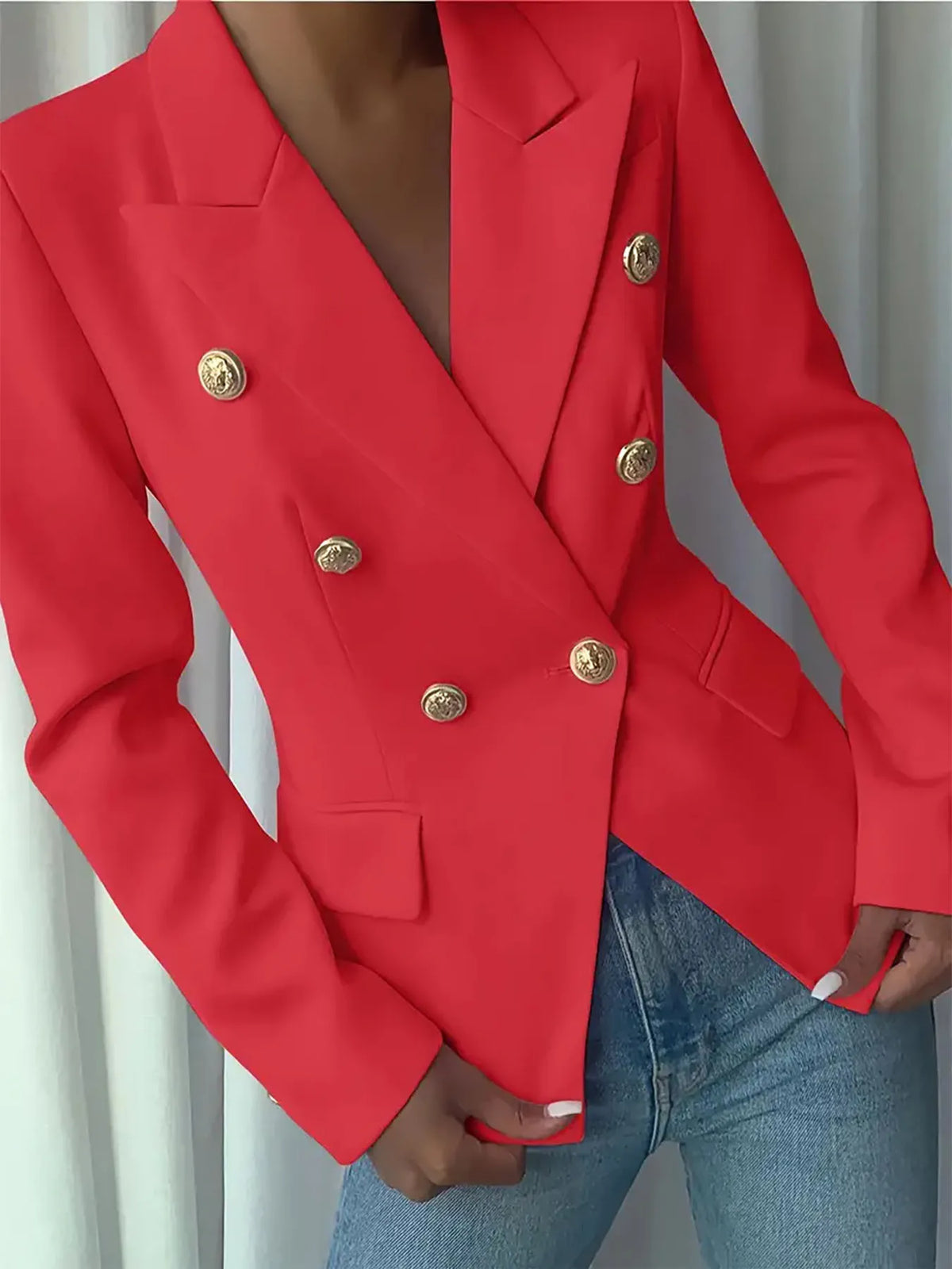 Decor Button Lapel Collar Blazer - Red - View 16