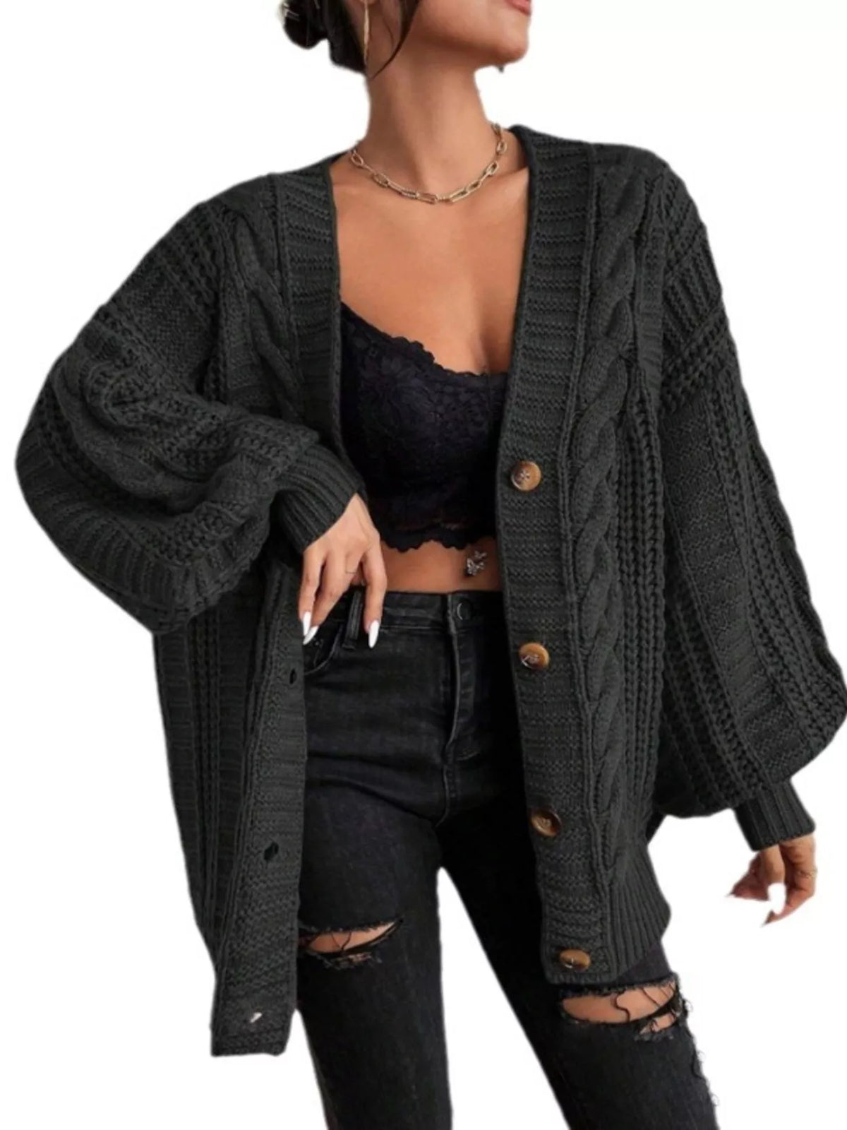 Cable Knit V-Neck Button-Down Cardigan - Black - View 4