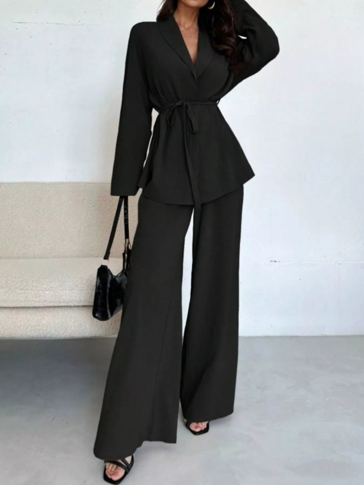 Front Tied Shirt and Wide-Leg Pants Set - Black - View 9