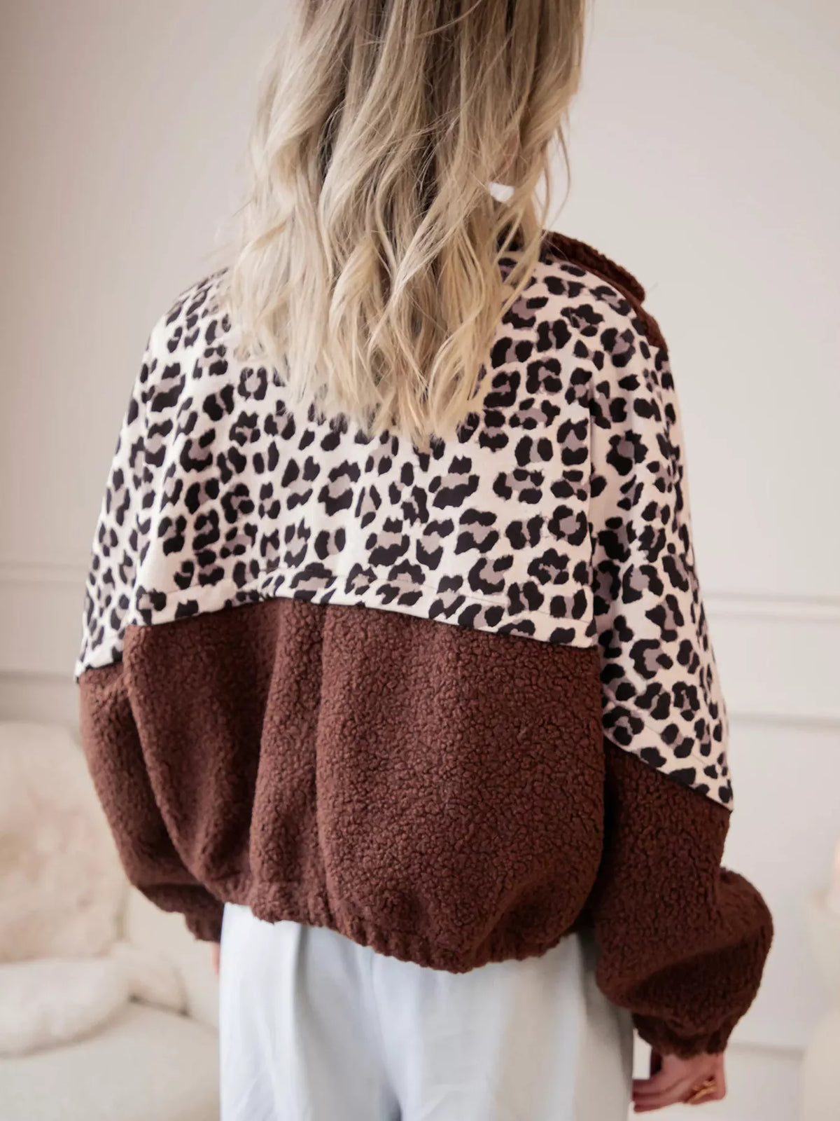 Leopard Patchwork Fleece Western Style Zip-up Collar Jacket - Brown - View 2