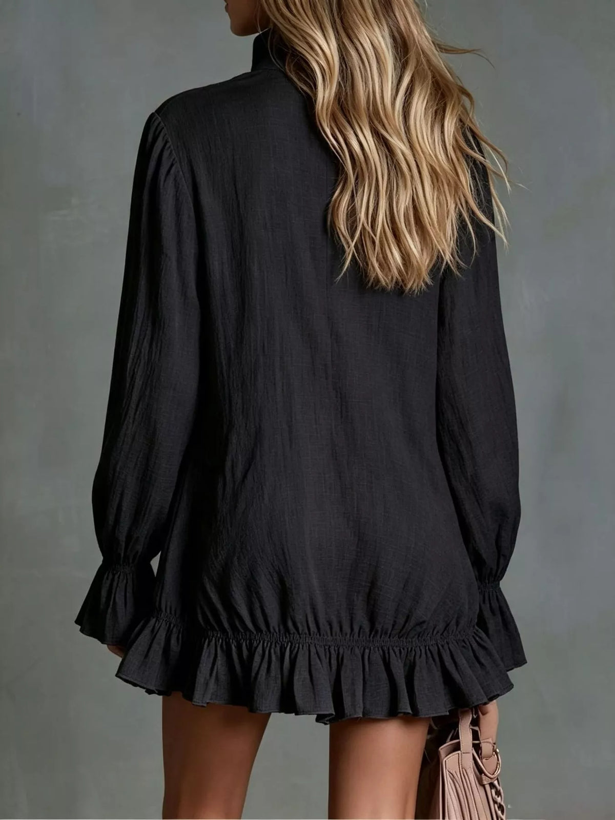 Zipper-Front Ruffle Hem Mini Dress - Black - View 3