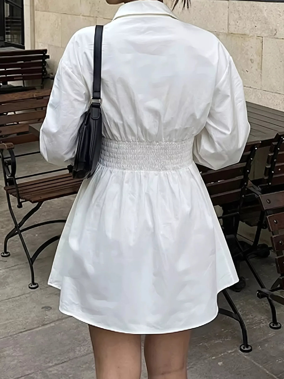 Collared Neck Lantern Sleeve Mini Dress - White - View 5