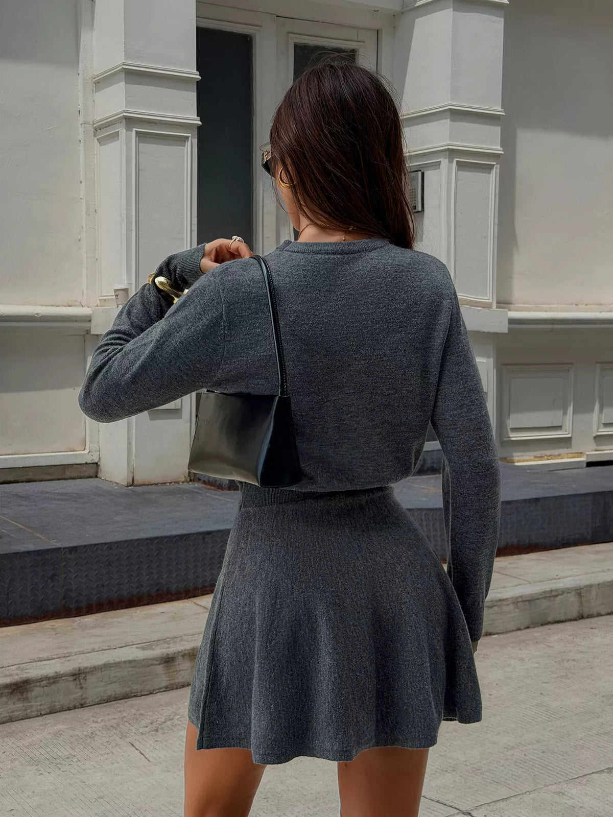 Crew Neck Long Sleeve A-Line Sweater Dress - Gray - View 5
