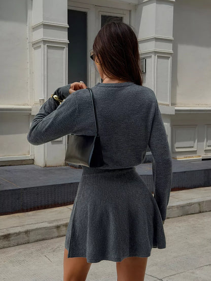 Crew Neck Long Sleeve A-Line Sweater Dress - Gray - View 5