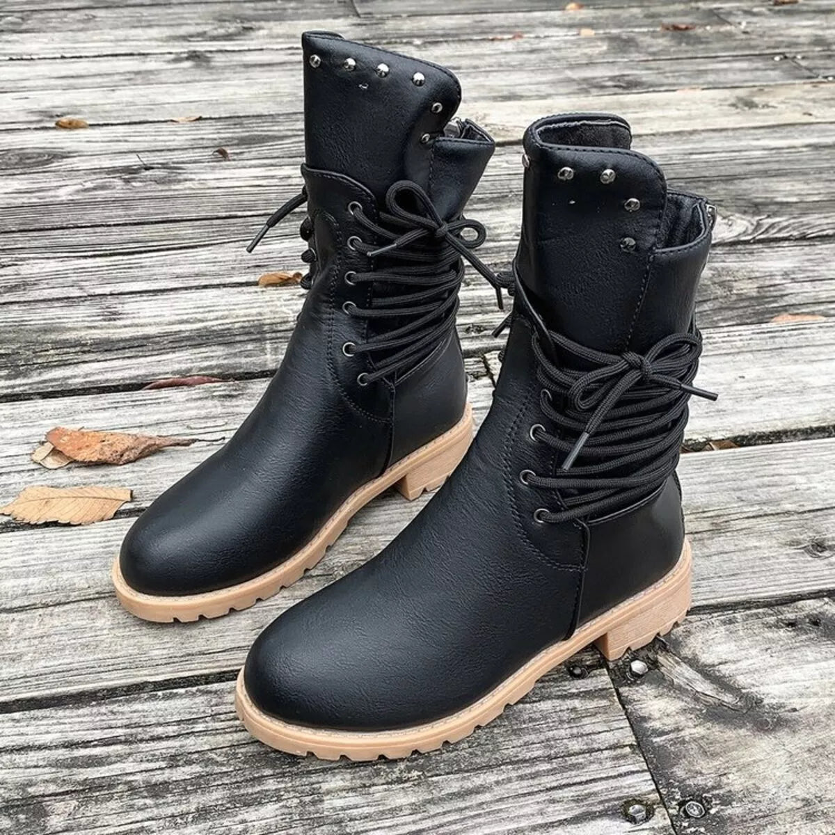 Lace Up Block Heels Boots - Black - View 3